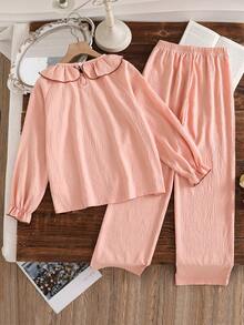Comfortable And Cute 2 Pieces Loungewear Set Designed For Young Girls, Featuring Round Neck With Ruffle Collar And Bow Decor, Paired With Long Sleeve Top And Long Pants. Ideal For Spring, Autumn, And Winter Home Leisure Wear. - Pink - View 4