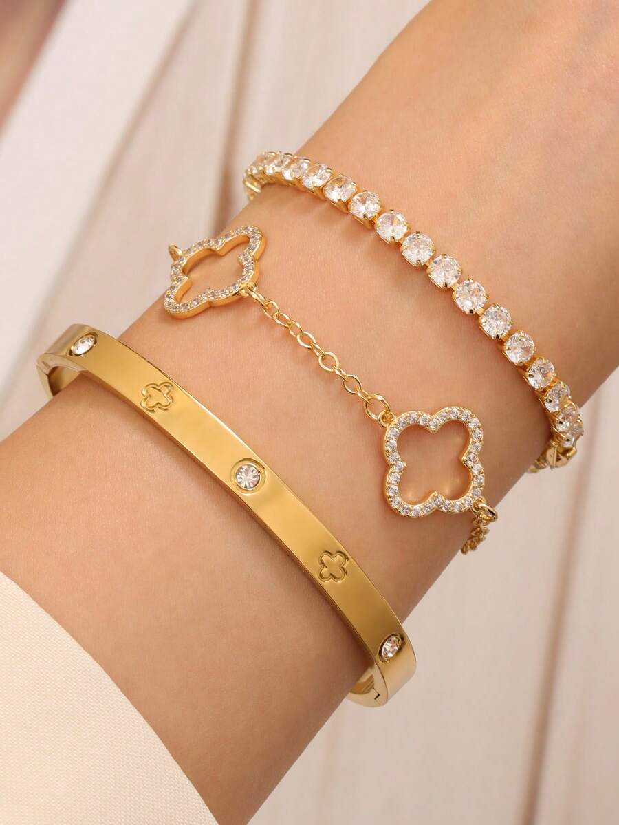 Bộ vòng tay và lắc tay bằng thép không gỉ đính đá Zirconia hình cỏ bốn lá thời trang thanh lịch dành cho nữ, thích hợp đeo hàng ngày, đeo nhiều lần, hẹn hò đôi, phối đồ trong nhiều dịp và làm quà tặng - Vàng - Xem 1