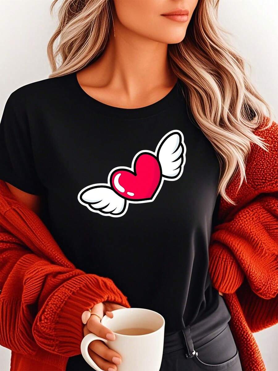 Camiseta gráfica casual para mujer con estampado de corazón de ángel, cómoda camiseta de manga corta de mezcla de algodón, adecuada para el estilo diario, diseño moderno y moderno, el regalo perfecto para ella, de gran tamaño. - Negro - Ver 1