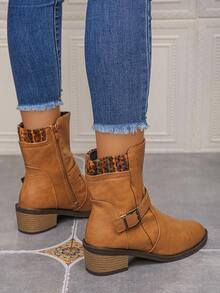 1 Pair Women's Autumn/Winter Fashion Boots, Pointed Toe Block Heel Short Boots, Knit Collar Western Style With Buckle And Side Zipper, Holiday