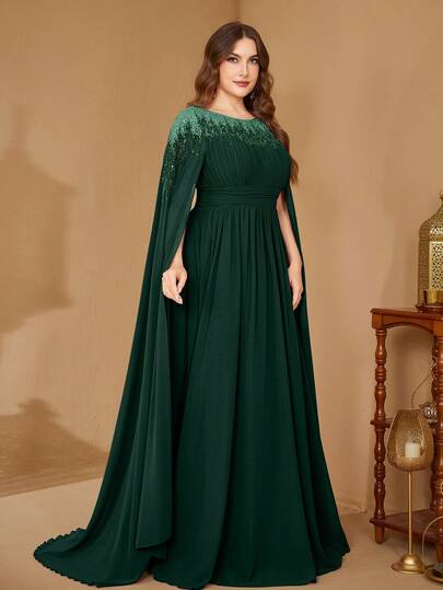 Vestido de noche de gasa de ajuste ceñido con parches de lentejuelas, cuello alto y mangas tipo capa para mujer SUPGIR Plus