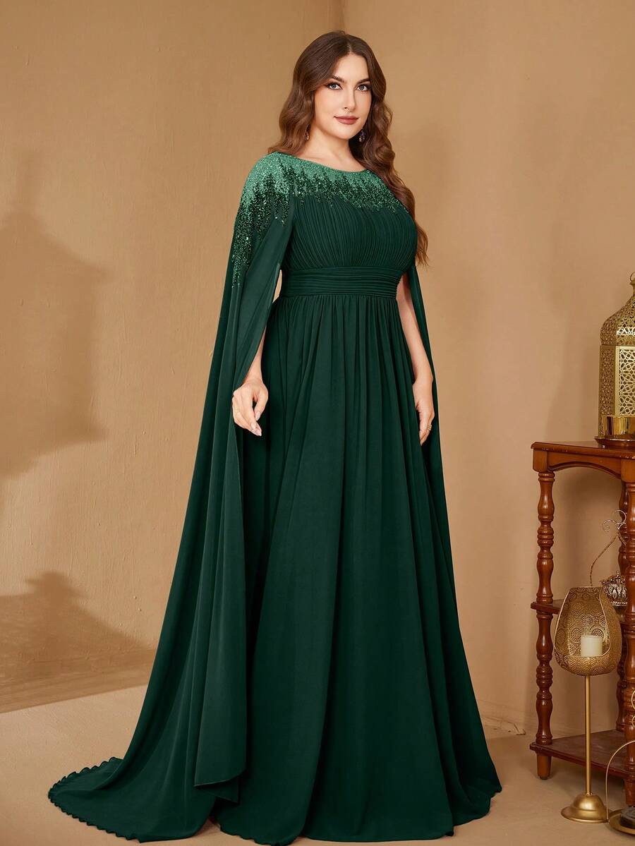 Đầm dạ hội thanh lịch dáng ôm bằng chiffon, cổ đứng, tay áo choàng, đính sequin của SUPGIR dành cho nữ cỡ lớn.