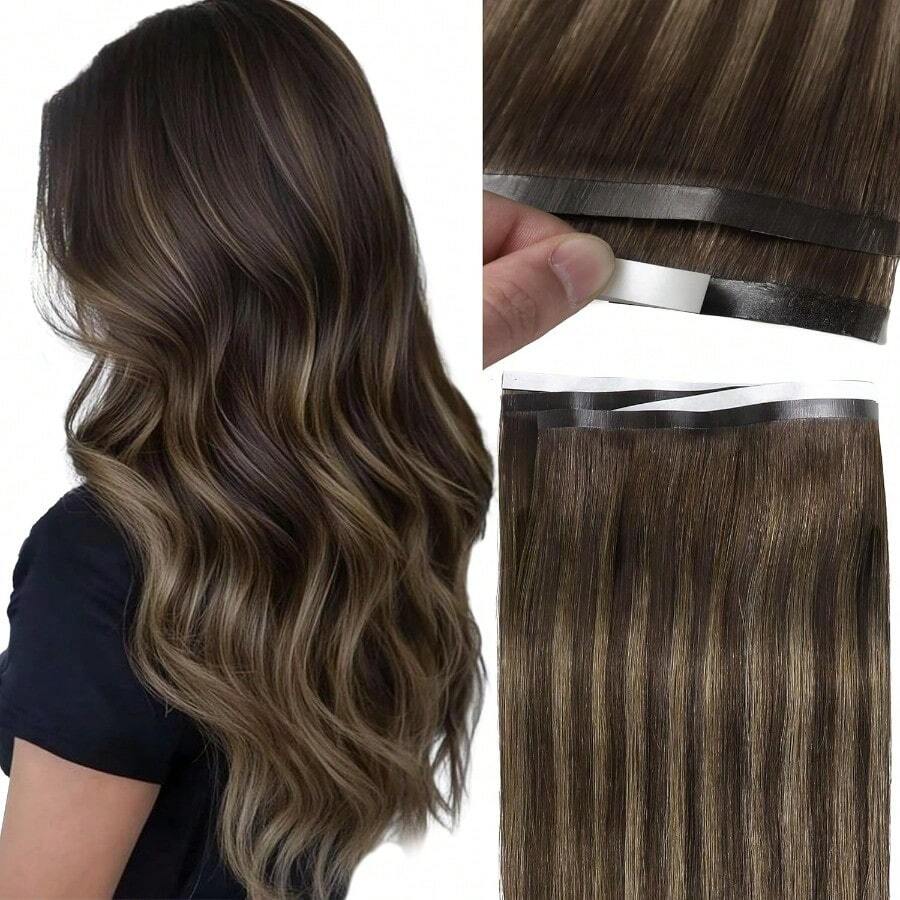DDIY Long Weft Tape In Hair Extensions Human Hair Invisible Tape In Hair Extension 16 Inch 50g Rooted Darkesty Brown To Chestnut Brown Highlights One Piece Wide Weft 31.5" 80cm10 - R226深棕色配栗棕色 - 查看 1