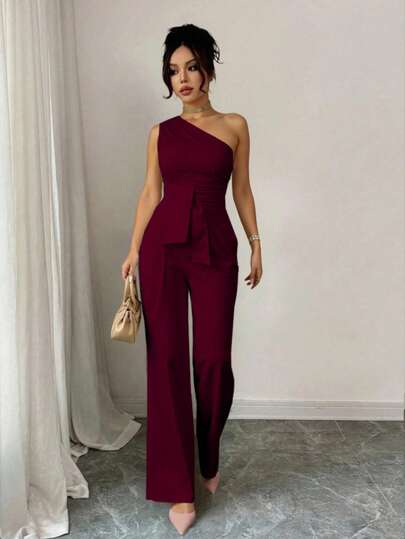 Palazzo elegante escote asimetrico un hombro detalle cintura pierna amplia suelta para mujer primavera verano comodidad frescura y estilo caida fluida que estiliza tu figura tela alta calidad suave ligero transpirable corte holgado y favorecedor