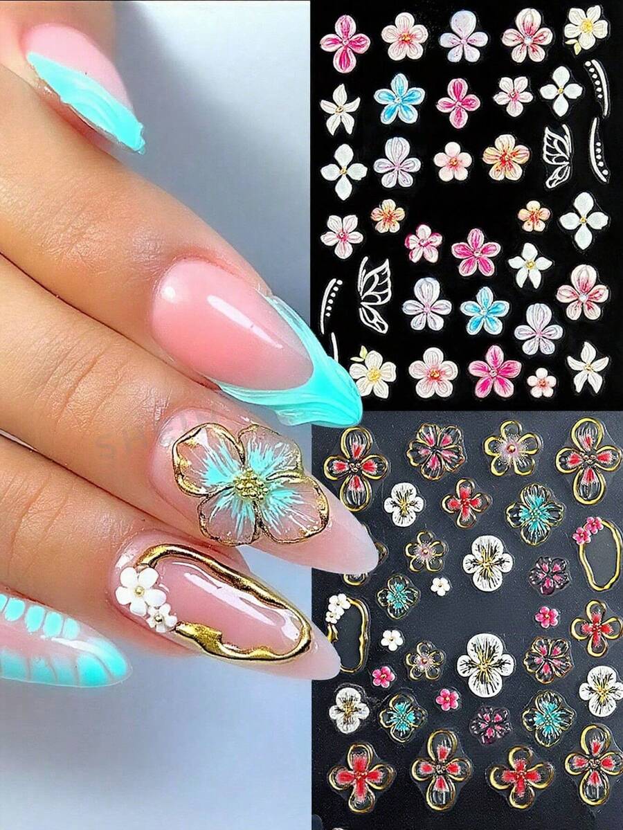 2pcs Floral 5D Nail Stickers With Gold Trim, Hawaiian Flower & Hibiscus Petal Embossed Pattern, Cute Y2K Nail Art Decor, Self-Adhesive DIY Nail Stickers, Nail Art Supplies