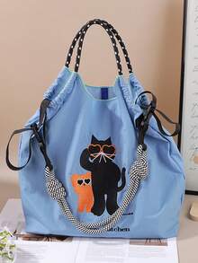 1个刺绣猫咪图案购物手提袋，大容量旅行包尼龙抽绳手提包