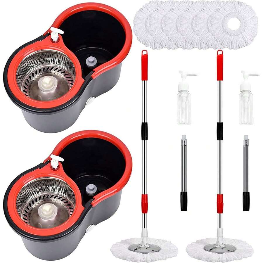 Mop And Bucket Set, 360° Spin Mop And Bucket With Wringer Set And 6 Microfiber Mop Refills, Stainless Steel 61" Extended Handle Spinning Mop Bucket System For Floor Cleaning (2 Sets) - 黑色 - 查看 1