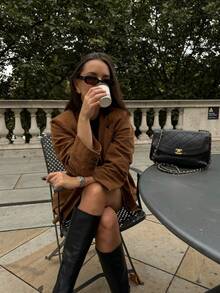 女式绒面革西装外套，带实用口袋 - 量身定制的专业夹克，抛光办公必备 - 棕色 - 查看 3