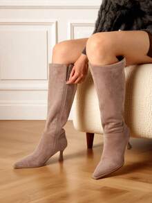 Knee High Heeled Long Boots For Women Fashion Pointed Toe Kitten Heels Mid-Calf Boots With Side Zipper Easy Comfy Fall Winter Shoes Women's Formal Long Boots  - 棕色麂皮 - 查看 3