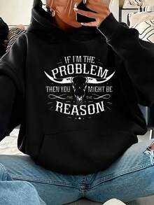 Women'S Black Hoodie With White Bull Skull & If I'm The Problem, You Might Be The Reason Graphic Print - Western Style Casual Pullover Sweatshirt For Fall Winter, Cozy Round Neck Hooded Sweatsh - 黑色 - 查看 1
