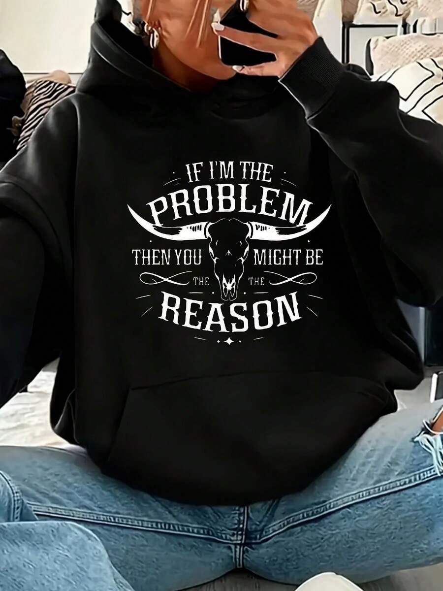 Women'S Black Hoodie With White Bull Skull & If I'm The Problem, You Might Be The Reason Graphic Print - Western Style Casual Pullover Sweatshirt For Fall Winter, Cozy Round Neck Hooded Sweatsh - 黑色 - 查看 1