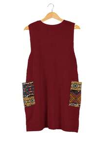Plus Size Casual V-Neck Random Print Pocket Knit Sweater Dress - Burgundy - View 2