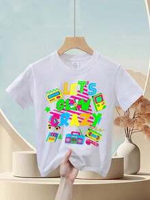 Boys' Retro 80s Neon Graphic T-Shirt - Glowing Cassette Tape & 's Cube Design, Let's Go Crazy 80s Party Outfit, Casual Round Neck Tee For Themed Events & Casual Attire (Machine Washable) - White Base With Neon Colors, Stretchy Comfortable Fabric, Playful Retro Gaming & Pop Culture Graphics, All-Season Wear For Boys - 白色 - 查看 7
