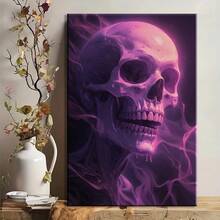 1 pieza Póster de arte de pared con cráneo gótico místico morado - Impresión en lienzo con marco de madera de tonos violeta y morado profundo, decoración gótica moderna para sala de estar, baño, regalos de Halloween y días festivos - Pintura contemporánea de cráneo etéreo, instalación de gancho fácil, decoración, diseño geométrico, obra de arte, decoración de dormitorio y accesorios, decoración del hogar y accesorios, decoración de pared, 2D plano, enmarcado, lienzo envuelto, pintura decorativa lista para colgar