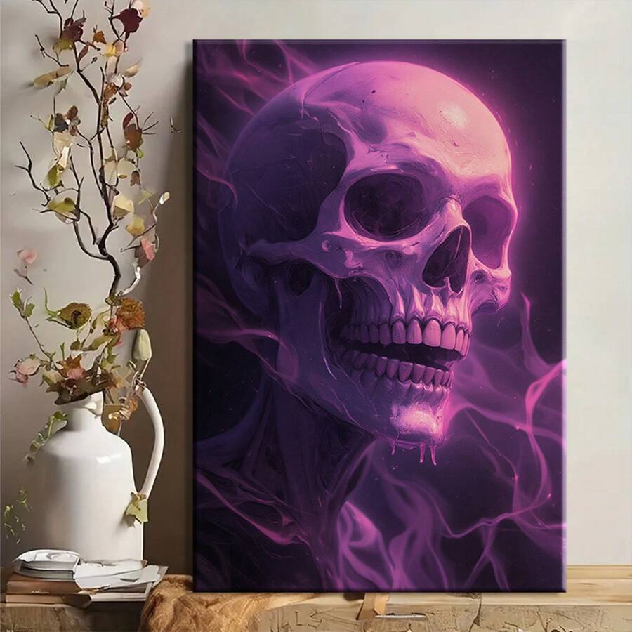 1 pieza Póster de arte de pared con cráneo gótico místico morado - Impresión en lienzo con marco de madera de tonos violeta y morado profundo, decoración gótica moderna para sala de estar, baño, regalos de Halloween y días festivos - Pintura contemporánea de cráneo etéreo, instalación de gancho fácil, decoración, diseño geométrico, obra de arte, decoración de dormitorio y accesorios, decoración del hogar y accesorios, decoración de pared, 2D plano, enmarcado, lienzo envuelto, pintura decorativa lista para colgar