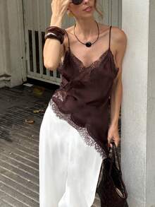Women Satin Tops Y2K Lace Trim Camisole Asymmetrical Hem V-Neck Patchwork Tank Tops Spaghetti-Strap Backless Crop Tops Elegant Fashion Loose Cami Shirt Summer Blouse For Streetwear - Màu nâu Sô-cô-la - Xem 1