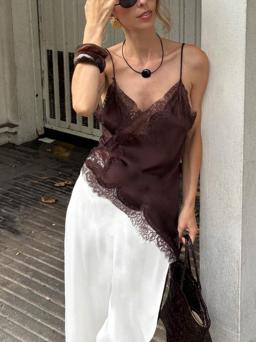Women Satin Tops Y2K Lace Trim Camisole Asymmetrical Hem V-Neck Patchwork Tank Tops Spaghetti-Strap Backless Crop Tops Elegant Fashion Loose Cami Shirt Summer Blouse For Streetwear - Màu nâu Sô-cô-la - Xem 1