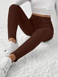 Autumn And Winter Solid Color Slim Fit High Waist Solid Color Knit Ribbed Knit Elastic Fleece Large Ribbed Waist Leggings Stage And Concert Home Women's Style Cool European And American Style! - Brown - View 1