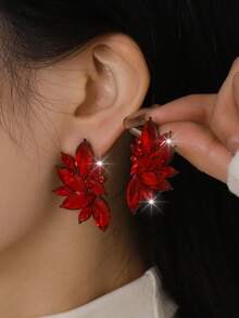 1 par de pendientes elegantes de alta gama con cristales de rhinestone incrustados en aleación bohemia, versátiles y lujosos para mujeres - Rojo - Ver 5