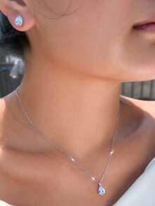 1 Set Very Sparkling Water Drop Cubic Zirconia Simple 925 Sterling Silver Chain Pendant Necklace And Earrings, Engagement & Daily Party Jewelry Sets For Women - White - View 5