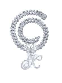 银色女士项链 A-Z 首字母个性化嘻哈经典蝴蝶字母吊坠链项链和手链套装饰物 26 个幸运字母，适合男女日常佩戴情人节时尚珠宝礼物，妈妈，母亲，母亲节，礼物 - 蝴蝶型 - 查看 52