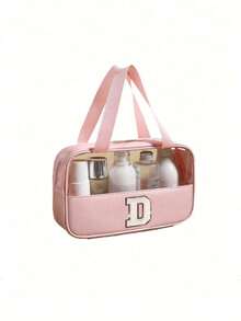 1 pièce Sac de maquillage organisateur en PVC transparent, design de lettre, sac de maquillage portable et imperméable, sac de toilette minimaliste avec patch initial, cadeau pour maman, sac de plage, accessoires de plage, serviette de plage, fournitures de plage, sac de vacances, indispensable pour les vacances d'hiver et d'automne, cadeau de la Saint-Valentin