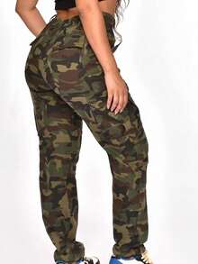 Cotton Green Camo Multi Pocket Cargo Pants Loose  Fit Wome Street Wear Summer Outfits Now,Halloween. - 軍綠色 - 查看 6