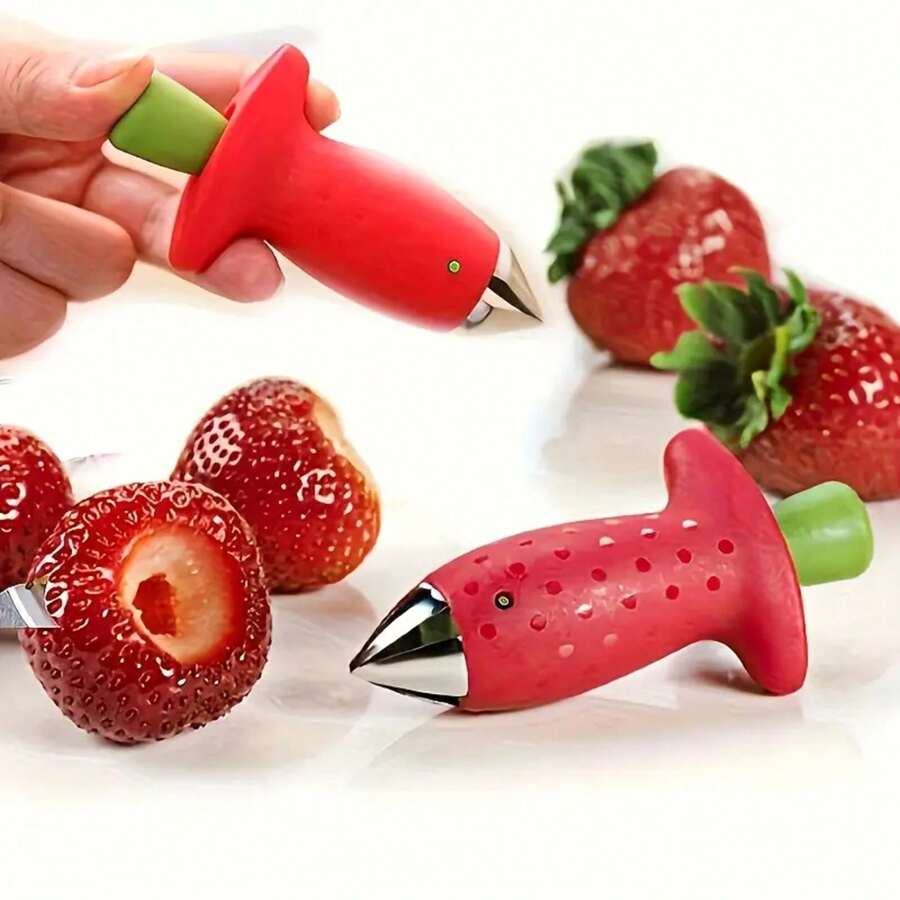 1 Piece Stainless Steel Strawberry Huller With Ergonomic Red Handle - Easily Removes Stems, Durable Kitchen Tool, Food- Manual Fruit Handling Gadget, Multifunctional Design, Non-Electric Tool, Sharp Metal Tip - Đỏ - Xem 1