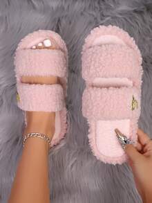 Pantuflas abiertas de plumón con decoración de corazón minimalista y elegante, suela suave y cómoda, ligera, adecuada para sala de estar y dormitorio, para todas las estaciones - Rosa - Ver 4
