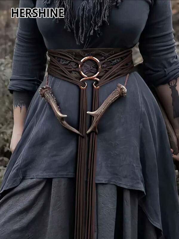 Hershine Jednoczęściowy damski pasek w stylu wikingów, sznurkowy pasek, swobodny i elegancki damski pasek w stylu wikingów, sznurkowy pasek, modny dodatek do talii w stylu retro country, styl Simia, wielofunkcyjny design, odpowiedni do codziennego noszenia w drodze do pracy o każdej porze roku, akcesoria jesienne i zimowe, akcesoria do kostiumów świątecznych i halloweenowych, dekoracja sukienki, swetra i płaszcza