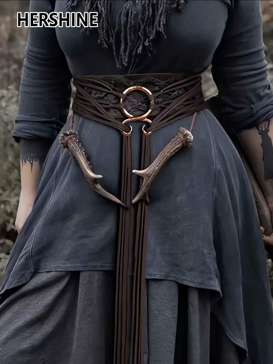 Hershine Jednoczęściowy damski pasek w stylu wikingów, sznurkowy pasek, swobodny i elegancki damski pasek w stylu wikingów, sznurkowy pasek, modny dodatek do talii w stylu retro country, styl Simia, wielofunkcyjny design, odpowiedni do codziennego noszenia w drodze do pracy o każdej porze roku, akcesoria jesienne i zimowe, akcesoria do kostiumów świątecznych i halloweenowych, dekoracja sukienki, swetra i płaszcza