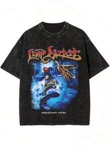 230g Black Cotton T-Shirt - Limp Bizkit Band Print With Red-To-Gold Gradient Typography, Dynamic Posing Figure In Blue Smoke Atmosphere, "Significant Other" Album Reference Print, Rock Music Merch Style, Free Shipping? ?2025 - 黑色 - 查看 1