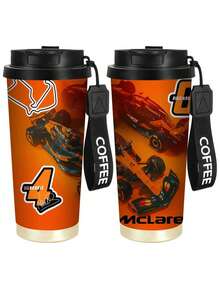 1pc 530ml Stainless Steel Insulated Coffee Mug With Leak-Proof Lid And Shoulder Strap F1 Racing Design, Bright Orange And Black, Reusable Coffee Tea Smoothie Cup Perfect Gift For Motorcycle Sports Fans, Christmas Gift First, Portable Outdoor Sports Water Bottle.