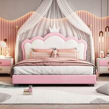 Full Size Upholstered Princess Bed With Crown Headboard For Girls, Full Size Platform Bed With Headboard And Footboard, White + Pink
