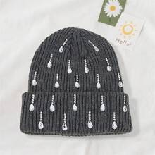 Knit Rhinestone Embellished Hat For Women, Winter Warm Beanies Cap For Outdoor Shopping, Dating, Ski - Màu xám đen - Xem 2