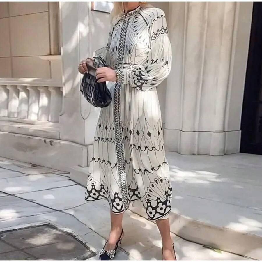 2025 Women's Court Style Elegant Long Sleeve Printed Flared Spring Dress - Pattern Color - View 1