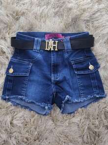 Short Jeans Cargo Feminino Cintura Alta Desfiado Azul com Bolsos - Lavagem Escura - Visão 1