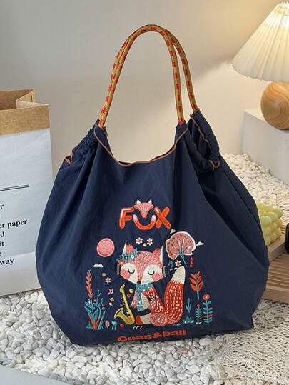 New Casual Fashion Embroidered Pattern Foldable Nylon Shopping Tote Bag, Large Capacity Suitable For Commuting, Shopping, Beach, Party, Handheld Or Shoulder Carry