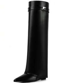 Luxury Fashion Women Fold Over Pointy Pull-On Shark Boots Women Wide Calf Padlock Boots Nightclub Elegant Shoes - 黑色 - 查看 1