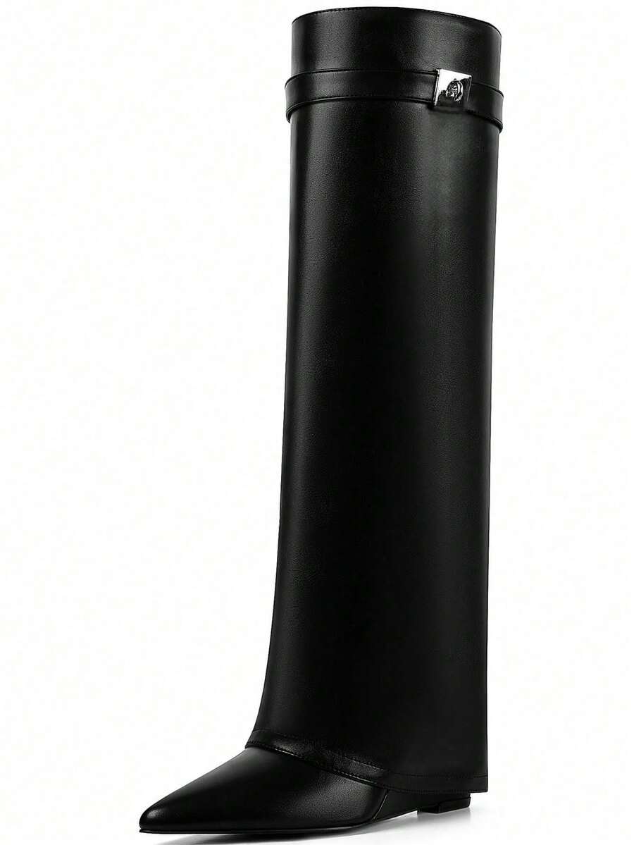 Luxury Fashion Women Fold Over Pointy Pull-On Shark Boots Women Wide Calf Padlock Boots Nightclub Elegant Shoes - 黑色 - 查看 1