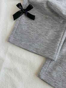 Set de 2 piezas de sudadera de manga larga casual y pantalón de pierna ancha con decoración de lazo 3D para niñas bebés, estilo callejero retro