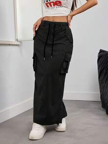 brightphoto Solid Color Retro Utility Skirt, Elegant Drawstring Street Style Everyday Wear, Spring/Summer/Autumn Black - Black - View 2