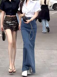 韩版复古牛仔裙，高腰修身鱼尾下摆修身半身裙，2025秋冬新款 - 深色水洗藍 - 查看 2