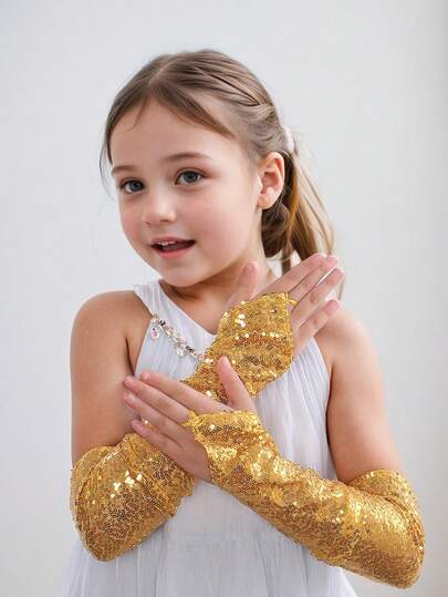 1 Pair Children's 50cm Sequin Fingerless Gloves, Suitable For Retro Cosplay, Party, Stage Performance
