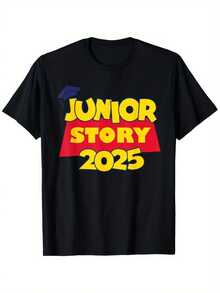 Camiseta gráfica Junior Story 2025 de algodón negro para mujer (180 g), cuello redondo, manga corta, informal, ideal para celebrar el espíritu escolar y la graduación. - Negro - Ver 2