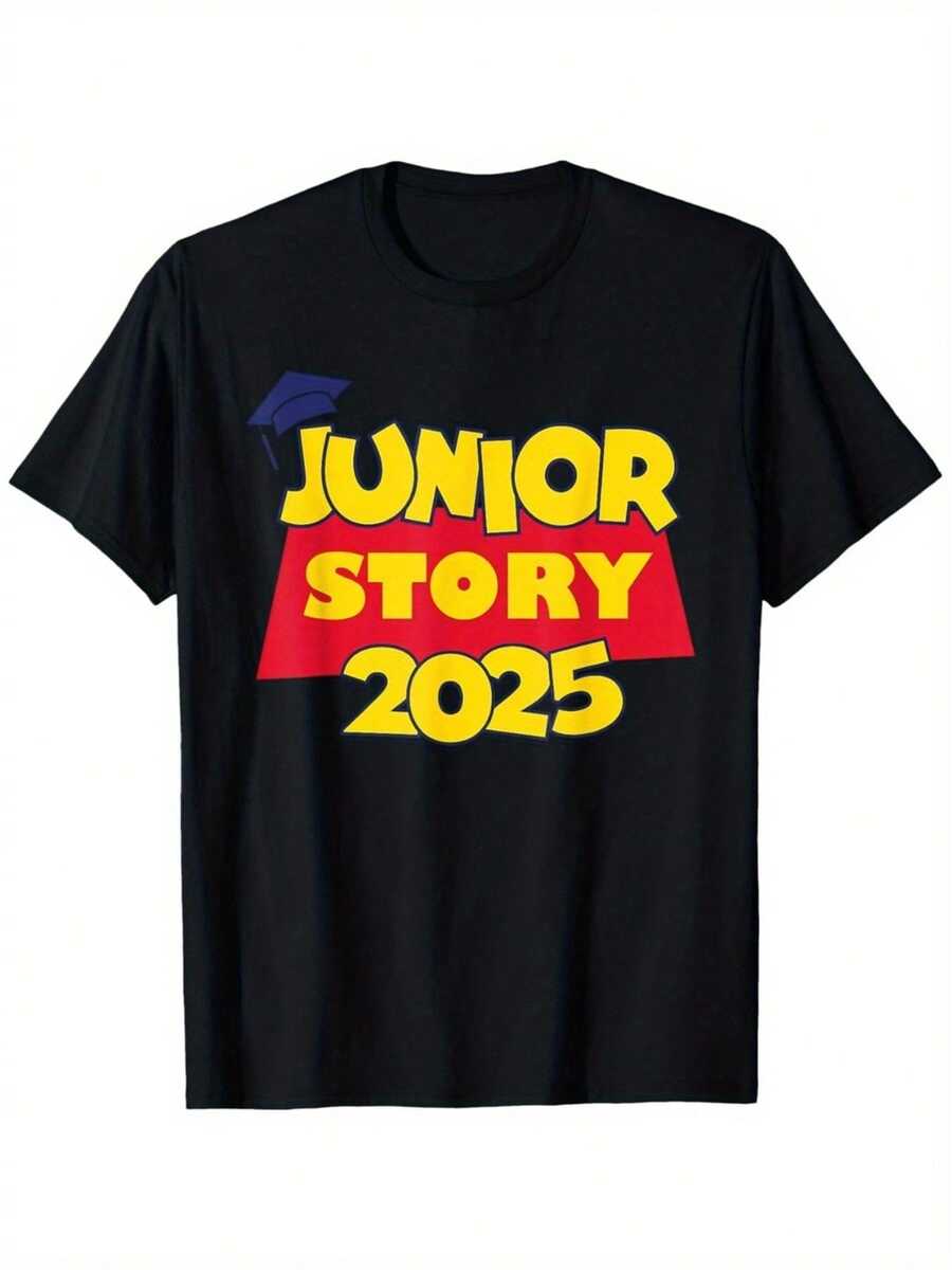 Camiseta gráfica Junior Story 2025 de algodón negro para mujer (180 g), cuello redondo, manga corta, informal, ideal para celebrar el espíritu escolar y la graduación.