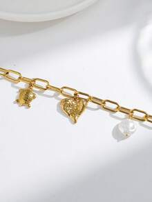 Mazuer 1 Stück 18K vergoldetes Edelstahl Vintage Stil personalisiertes Perlen Herz Schildkröten Armband, Geschenk für Frauen, Y2K Western Schmuck, geeignet für Schulanfang, Feiertage, Partys, Alltag, Urlaub