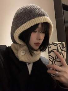 1pc Women's Grey Balaclava Hat, Knitted Beanie Scarf Set For Autumn/Winter, Suitable For Holidays And Daily Use - Grey - View 2