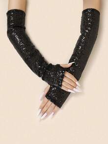 1 Pair Women's Halloween Faux Leather Sexy Fingerless Long Gloves, Punk Costume Party Formal Gloves