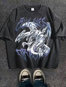 Men Fall Clothes/Fall Clothes For Women Classic Anime White Dragon Pattern Printed Pure Cotton Washed Printed T-Shirt - A Soft And Comfortable Casual Washed T-Shirt With Bold Explosive Artistic Design, Short Sleeves, 100% Cotton, Men Fall Clothes/Fall Clothes For Women/Halloween Is Perfect For Home And Casual Wear - DG004 - 黑色 - 查看 1